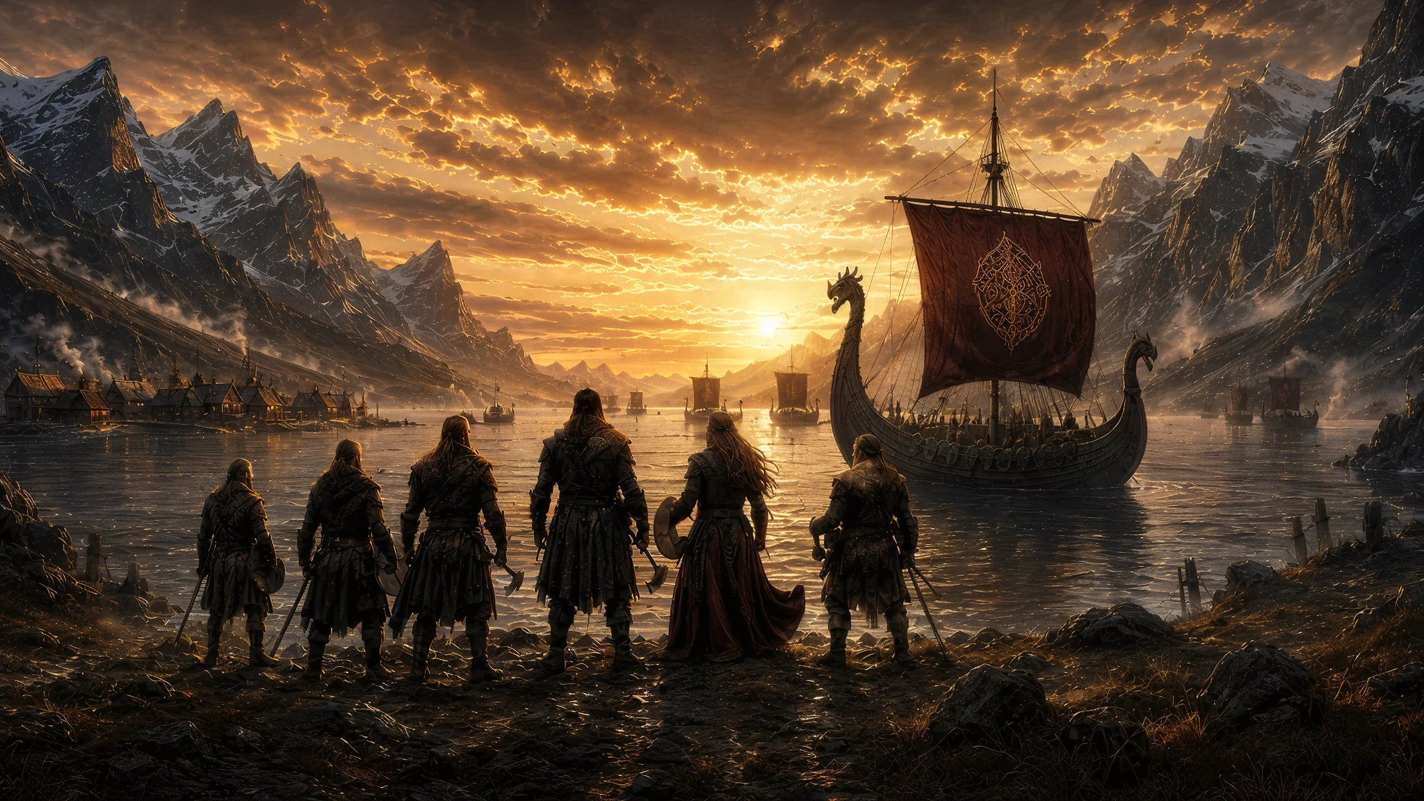 Driftward overlooking a northern fjord as a longship sails toward the sunset